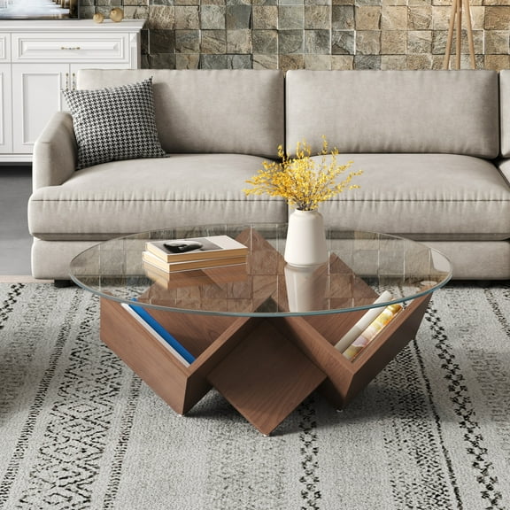 Euroco The Round Coffee Table with Glass Top and Geometric Abstract Art Deco Base Storage Shelves, Walnut, 35.4"
