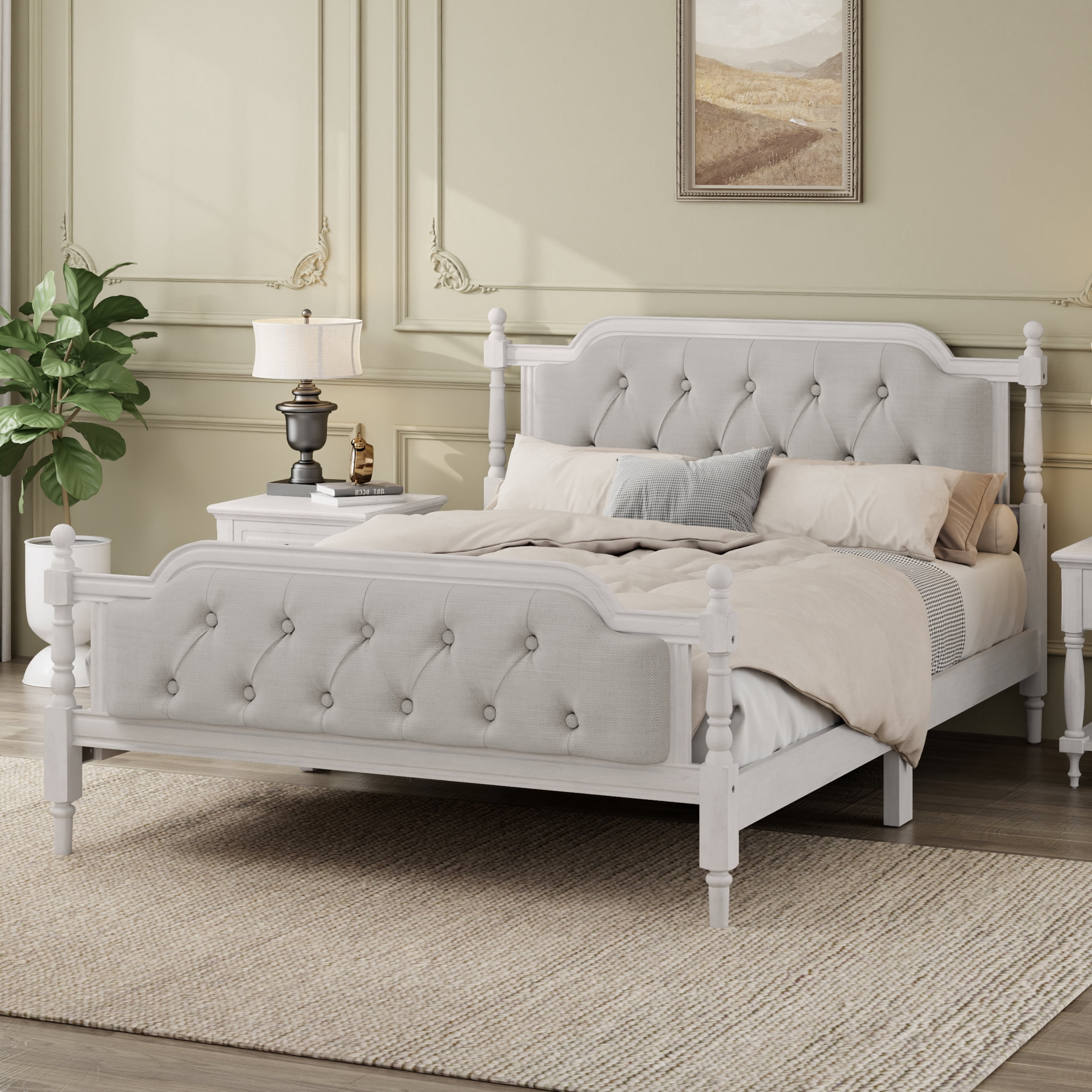 Euroco Traditional Wood Full Size Platform Bed with Upholstered Tufted Headboard, Antique White