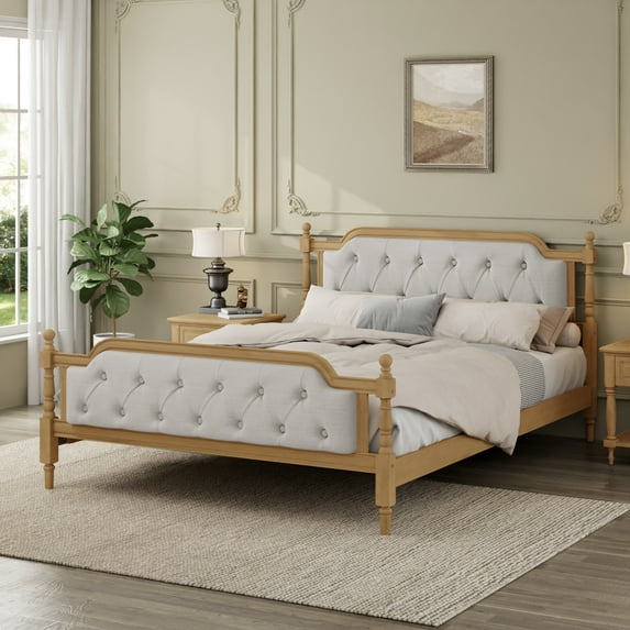 Euroco Traditional Wood Queen Size Platform Bed with Upholstered Tufted Headboard, Walnut