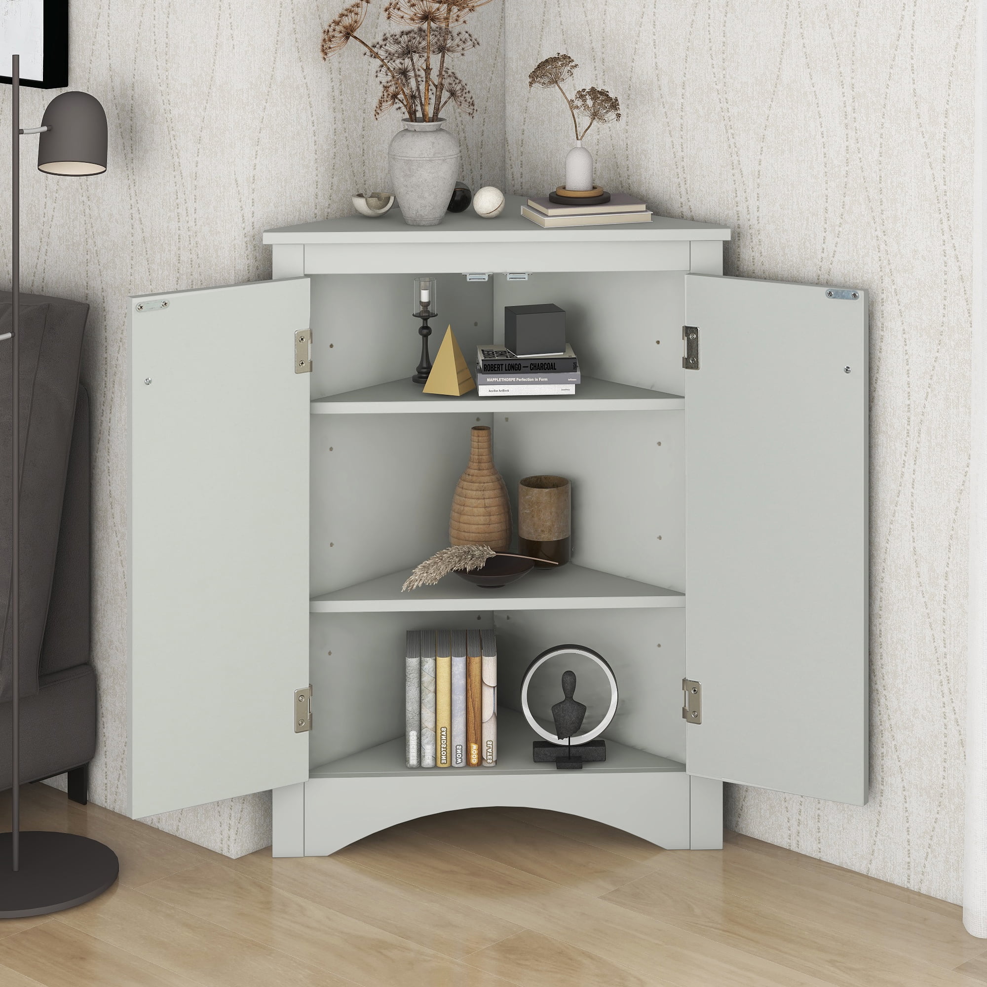 Euroco Triangle Bathroom Storage Cabinet with Adjustable Shelves, Freestanding Floor Cabinet for Home Kitchen