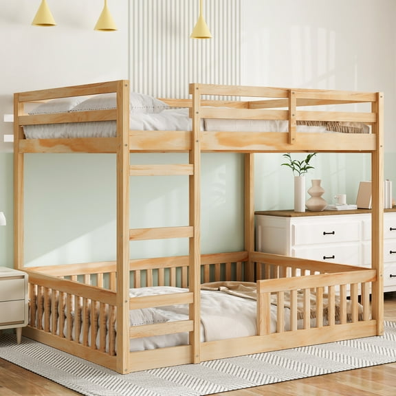 Euroco Full over Full Bunk Bed with Ladder and Guardrails for Kids Teens Adults, Natural