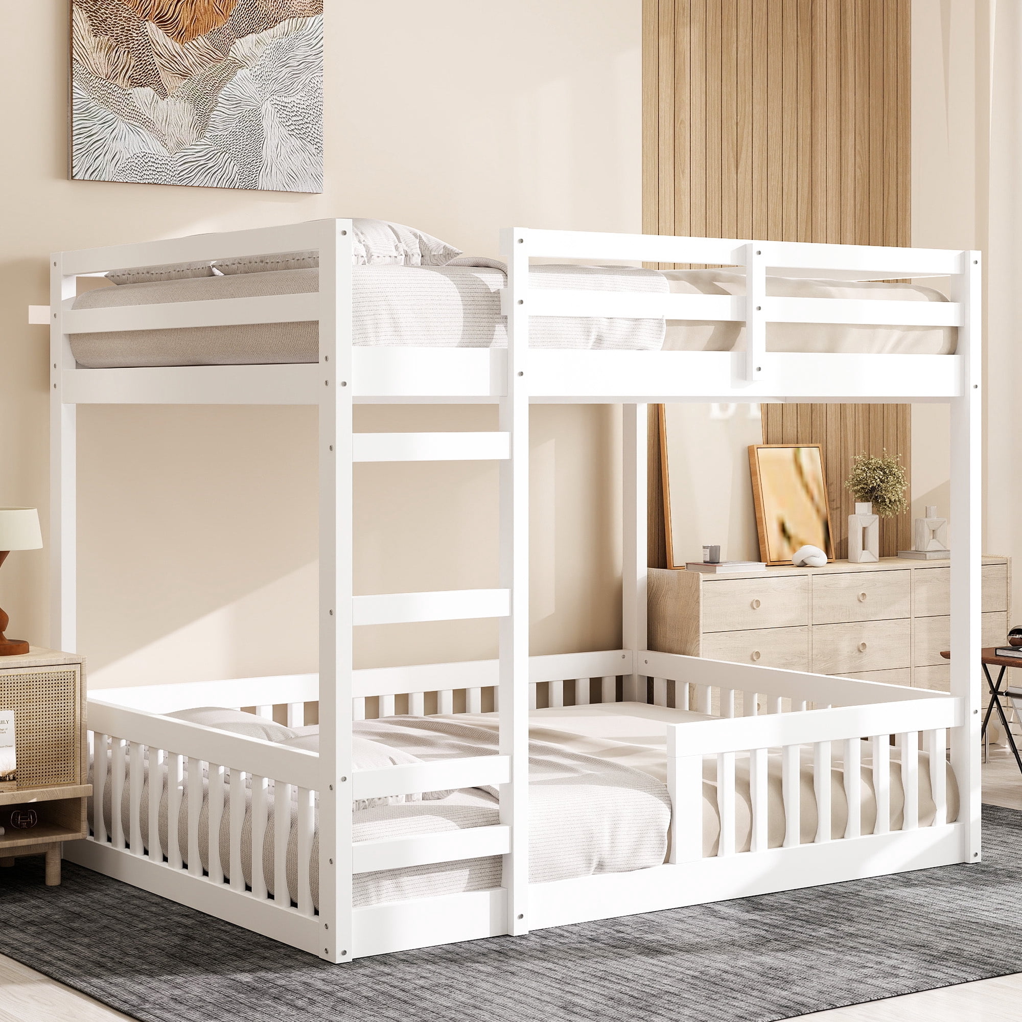 Euroco Full over Full Bunk Bed with Ladder and Guardrails for Kids Teens Adults, White