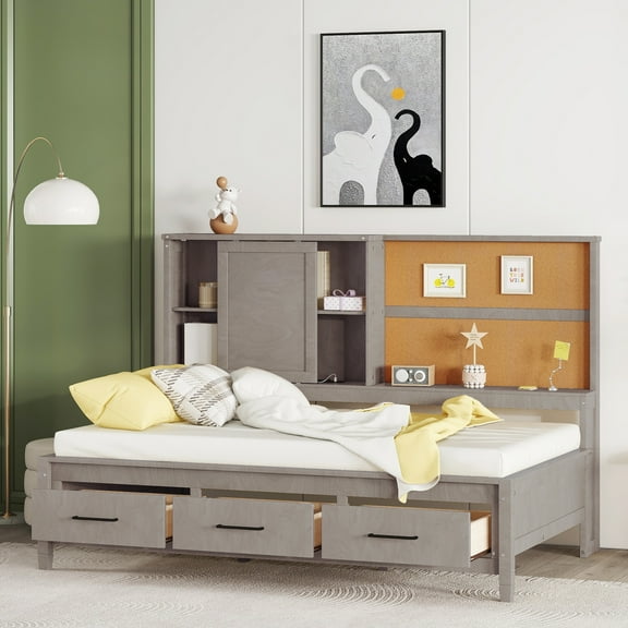 Euroco Twin Daybed with USB Charging,Capatin Bed with Cork Board,250lb Load Weight Antique Gray