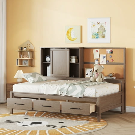 Euroco Twin Daybed with Drawers and USB Charging Station,Capatin Bed with Cork Board, 250lb Load Weight Antique Wood