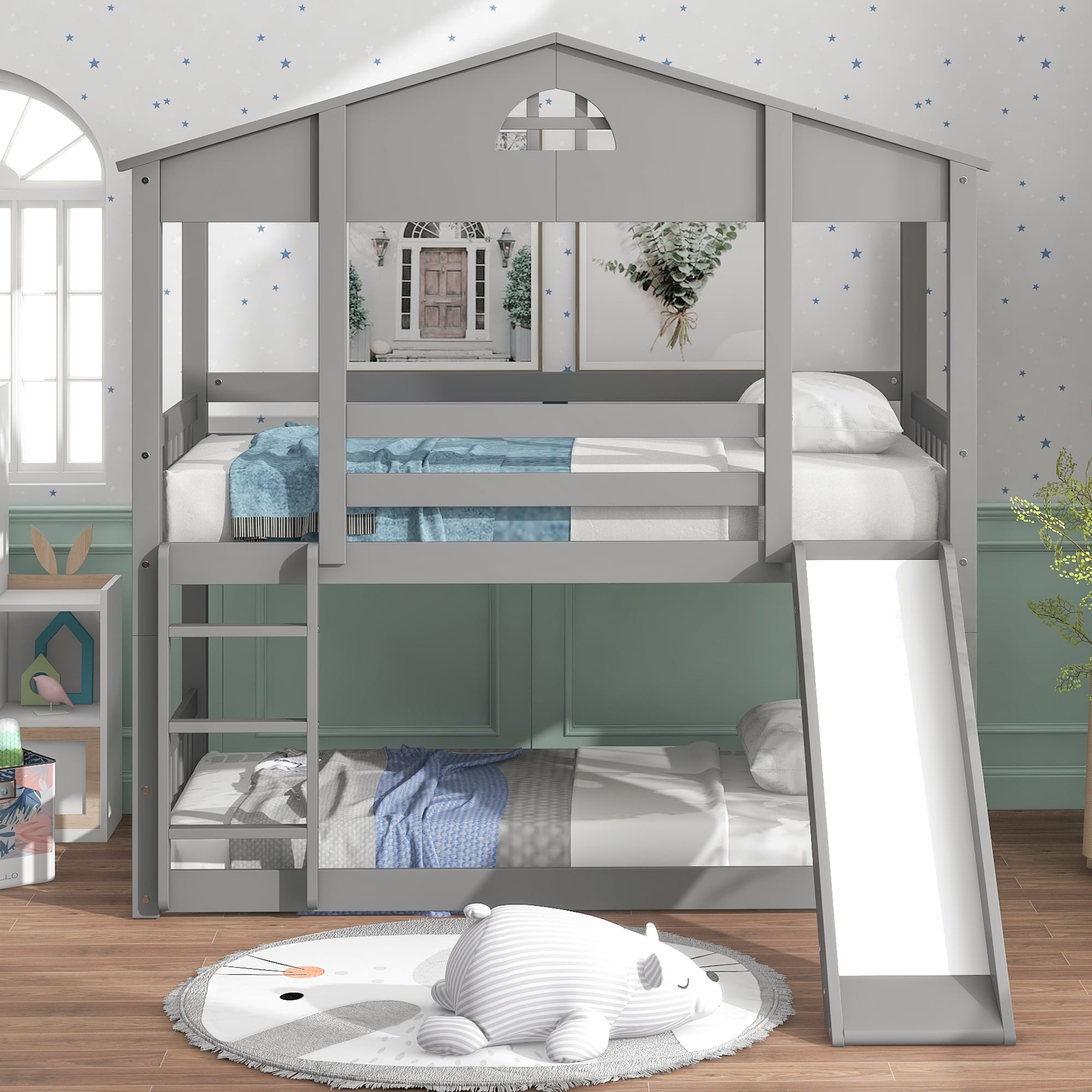 Euroco Twin over Twin House Bunk Bed with Convertible Slide and Ladder