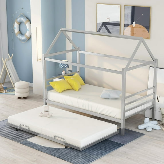 Euroco Twin House Platform Bed with Trundle for Child, Solid Metal Daybed for Kids Teens Bedroom, Silver