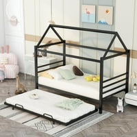 Euroco Twin House Platform Bed with Trundle for Child, Solid Metal Daybed for Kids, No Box Spring Needed (Black)