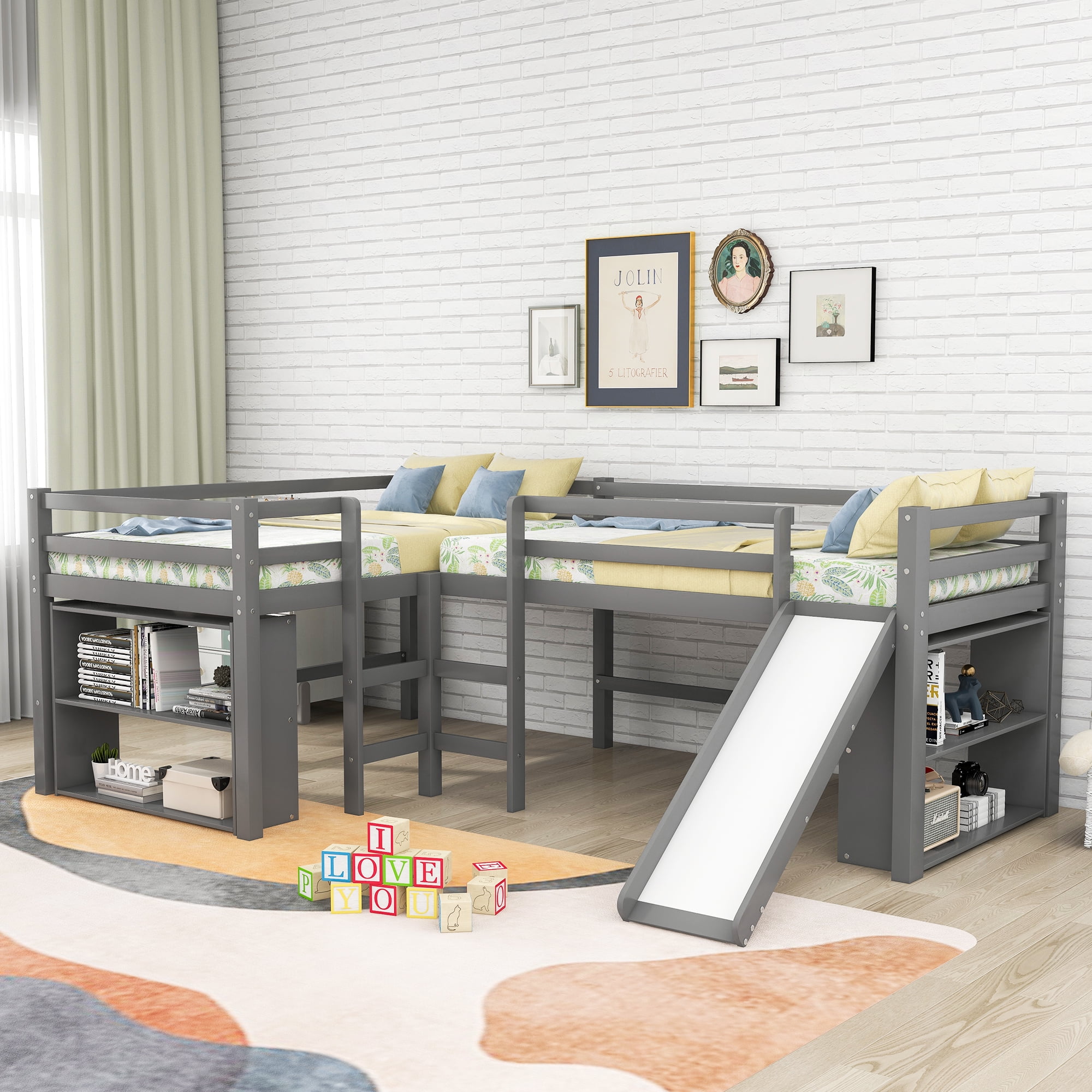 Euroco Twin LShaped Low Loft Bed with Movable TwoTier Shelves for