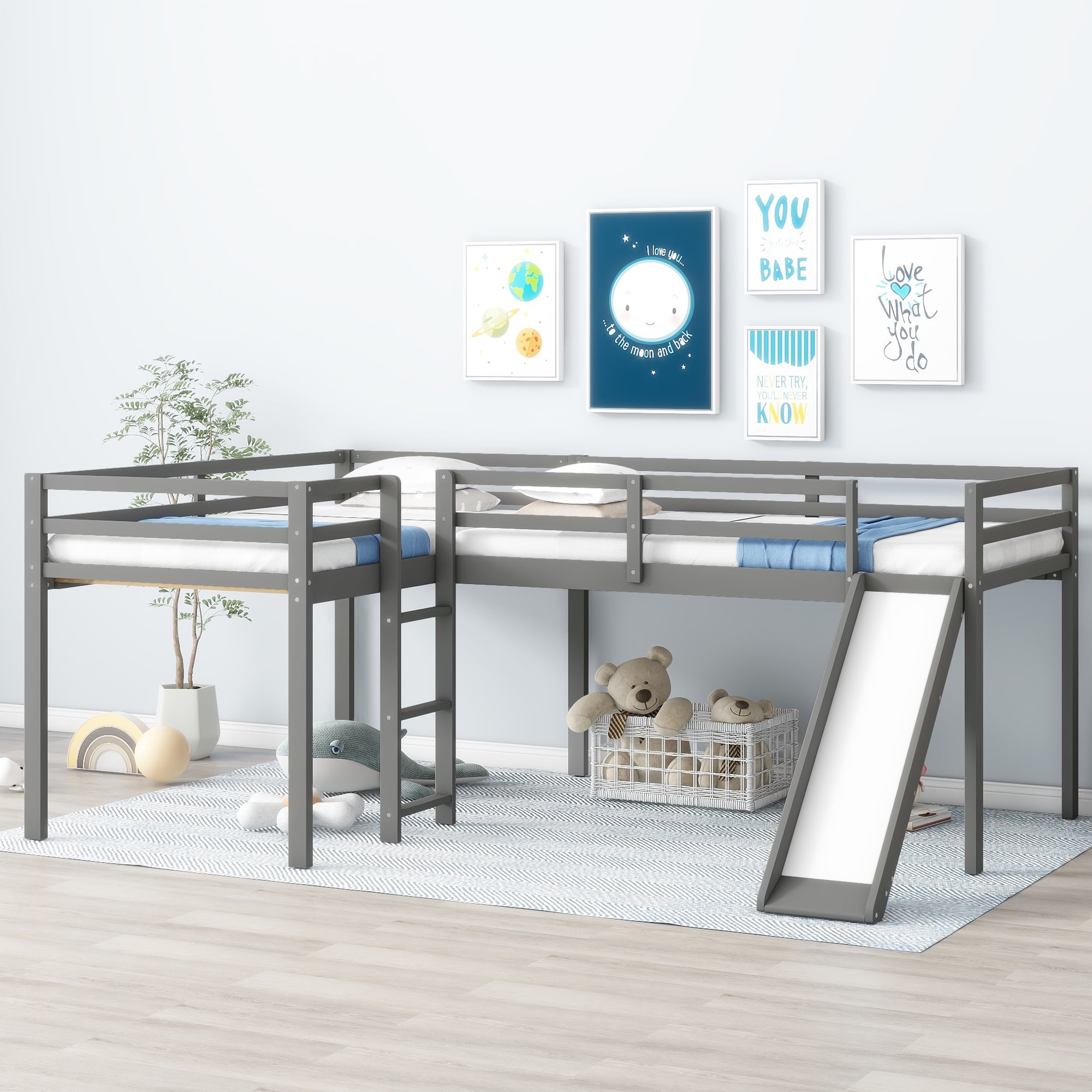 Euroco Twin LShaped Low Loft Bed with Movable Shelves, Safety Rail