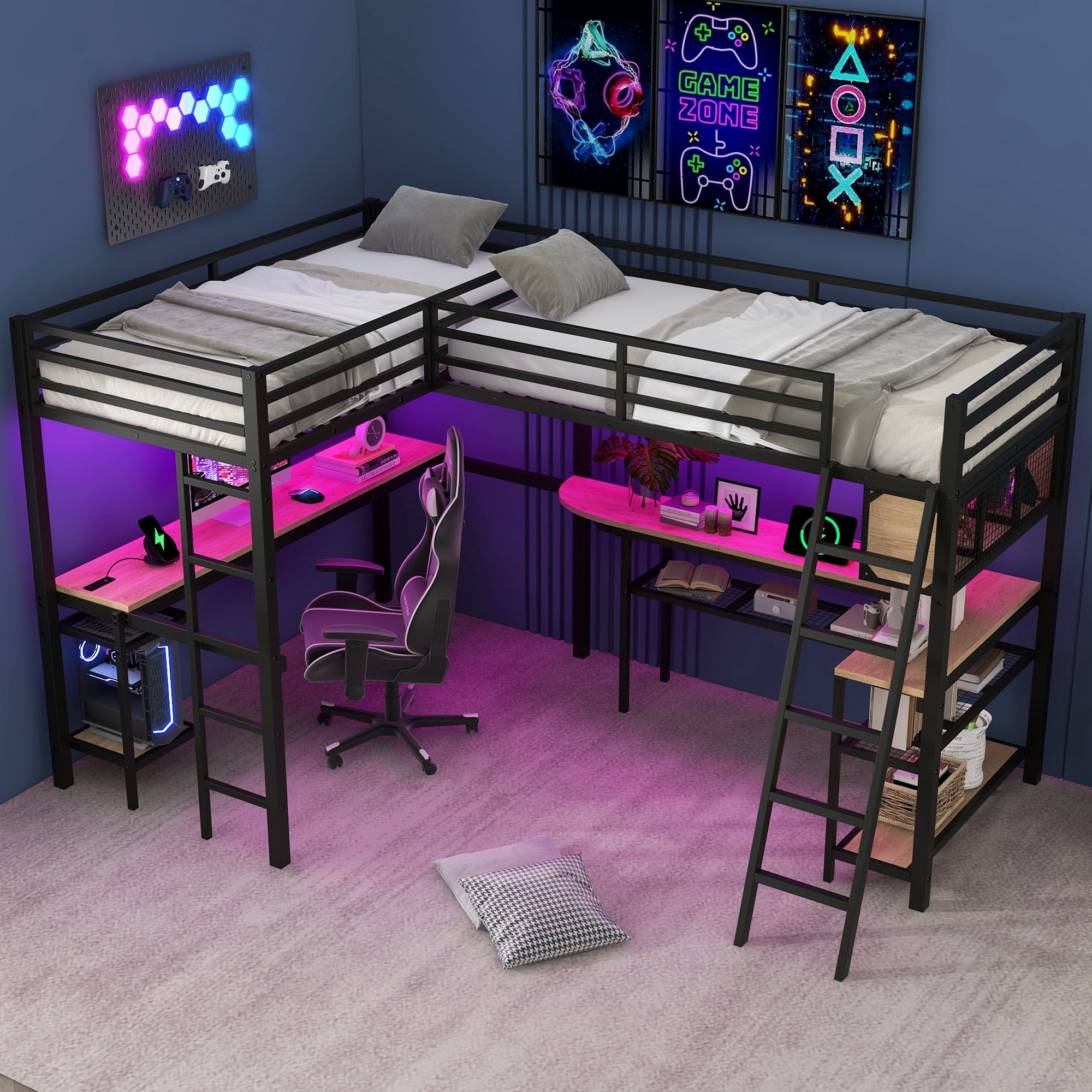 Euroco Twin L-Shaped Metal Loft Bed with Built-in Study Desk and Shelves, Gaming Bed with LED Light and USB Charging, Black