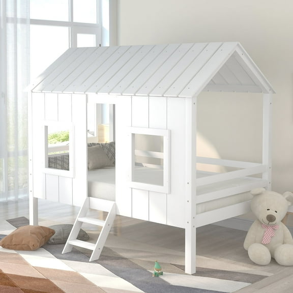Euroco Twin Loft Bed House Bed with Roof, White