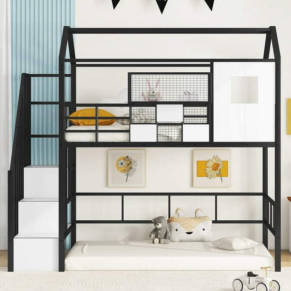 Euroco Twin Loft Bed with Cabinet, Solid Metal House Bed for Kids Teens, Black