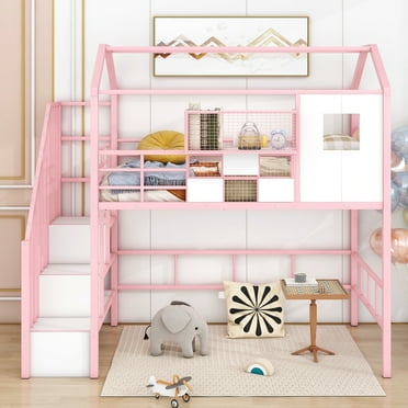 Euroco Twin Loft Bed with Cabinet, Solid Metal House Bed for Kids, Pink