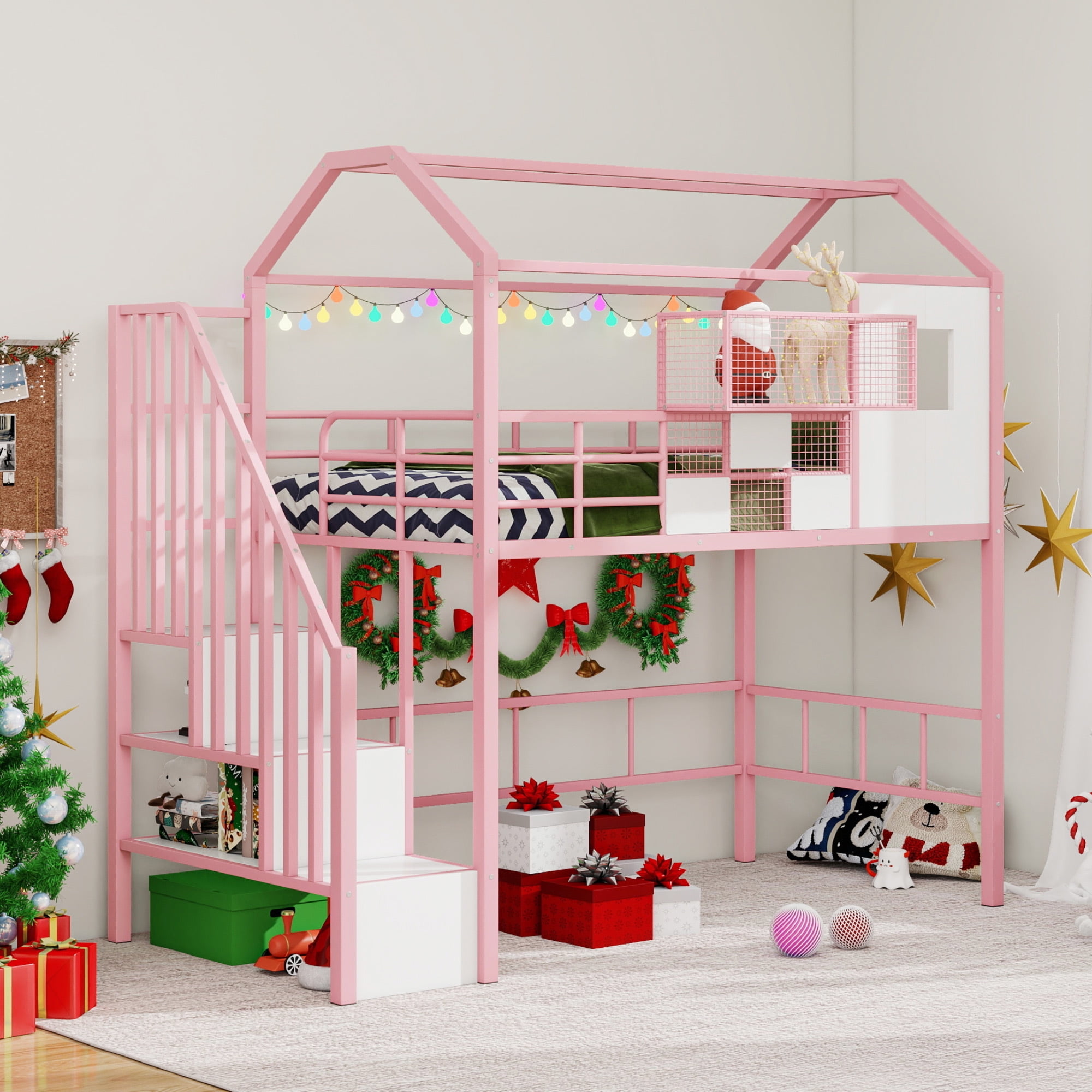 Euroco Twin Loft Bed with Cabinet, Solid Metal House Bed for Kids Teens, Pink