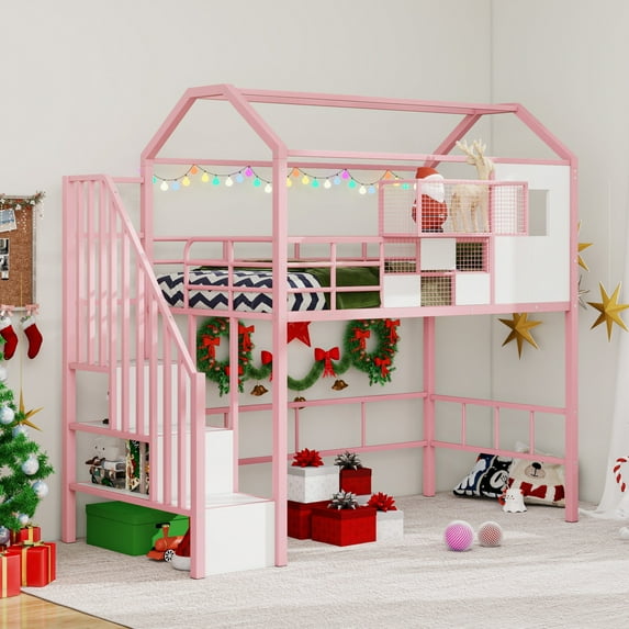 Euroco Twin Loft Bed with Cabinet, Solid Metal House Bed for Kids Teens, Pink