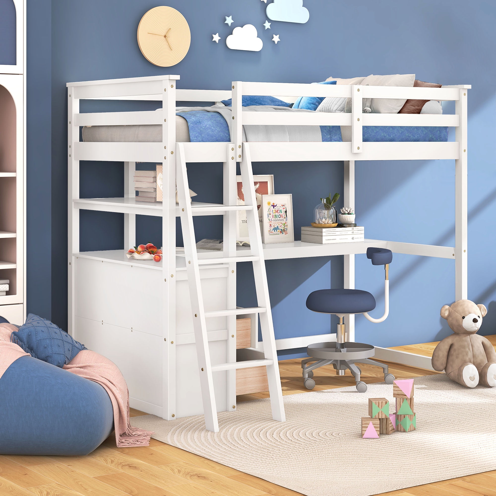 Euroco Twin Loft Bed with Desk for Kids Teens, White