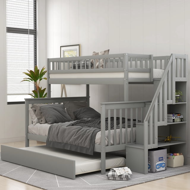 Euroco Wooden Twin Over Full Bunk Bed with Trundle, Stairs, and ...