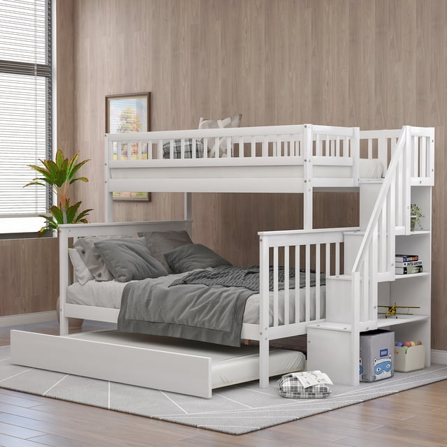 Euroco Solid Wood Twin Over Full Bunk Bed with Trundle, Stairs, and ...