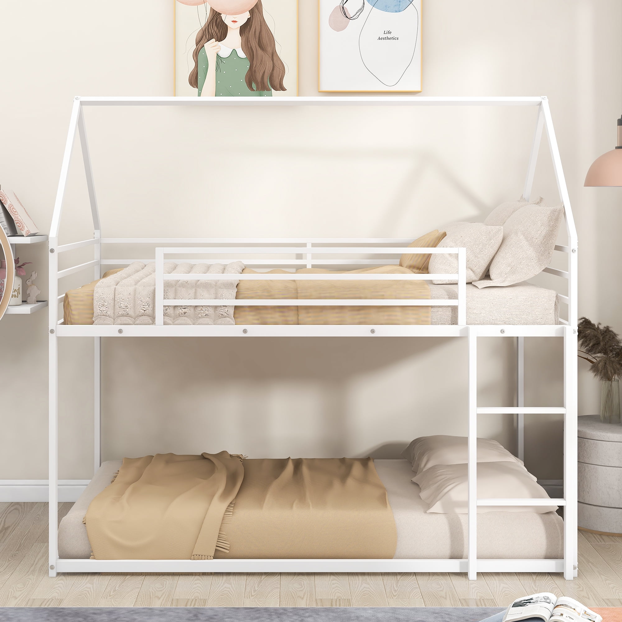 Euroco Twin over Twin House Bunk Bed with Built-in Ladder for Kids Teens, White