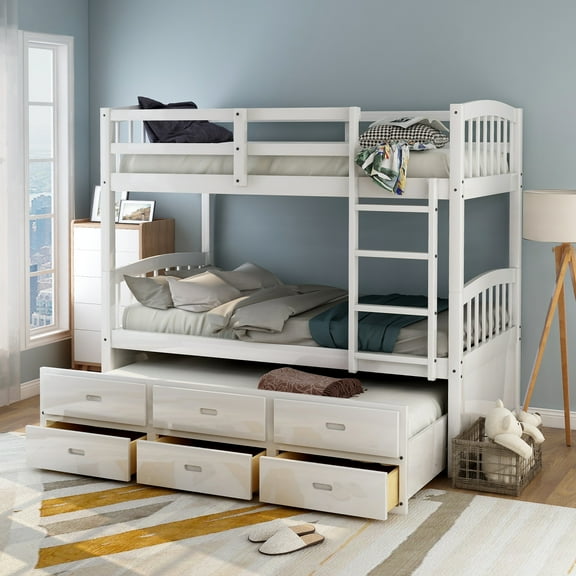 Euroco Twin Over Twin Wood Bunk Bed with Trundle and Drawers for Kids Teens, White