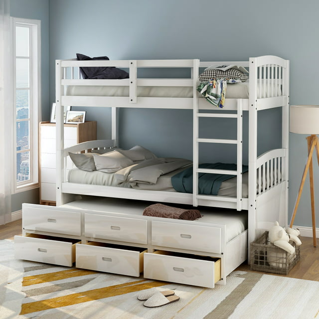 Euroco Twin Over Twin Wood Bunk Bed with Trundle and Drawers, White