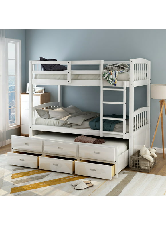 Euroco Twin Over Twin Wood Bunk Bed with Trundle and Drawers, White