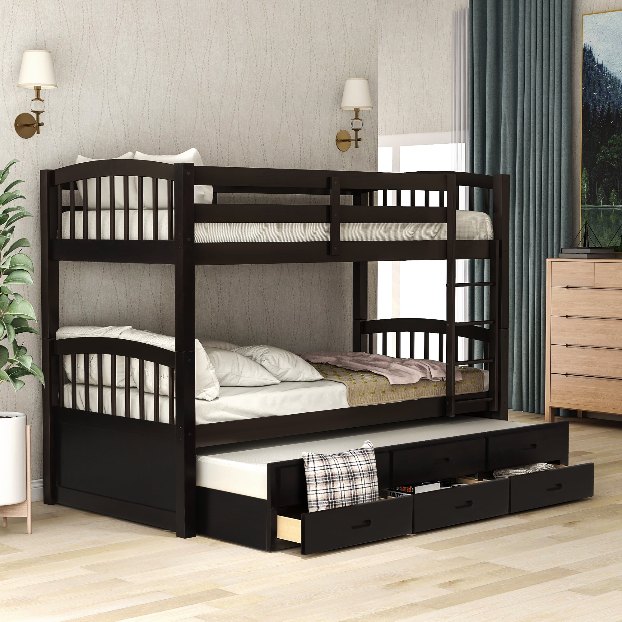 Euroco Twin Over Twin Wood Bunk Bed with Trundle and Drawers for