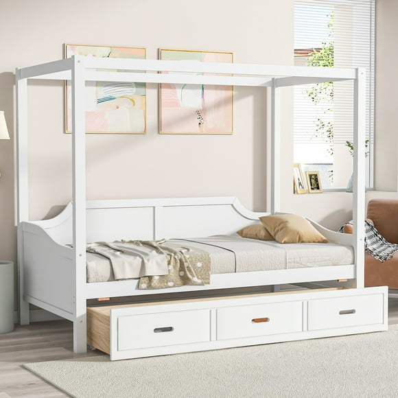 Euroco Twin Size Canopy Daybed with 3 in 1 Drawer and Slat Support Leg for Kids Bedroom, Solid House Bed, White