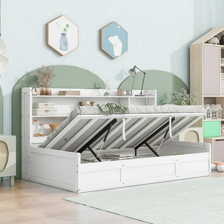 Euroco Twin Size Daybed with Bookcase, Lift up Storage Platform Bed with USB Charging Stastion, White