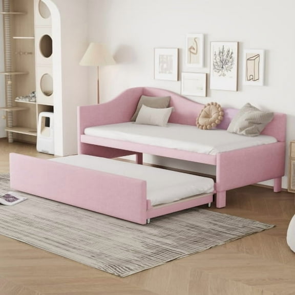 Euroco Twin Size Daybed with Pou Up Trundle, Upholstered Sofa Bed, Pink
