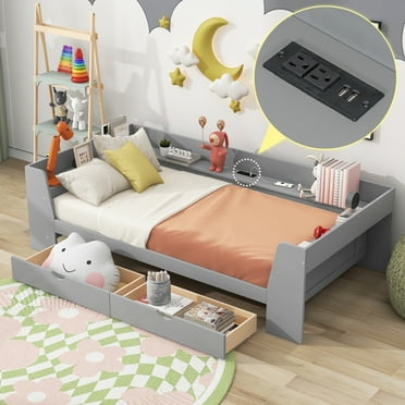 Euroco Twin Size Daybed with Shelf, Drawers and Charging Station for Bedroom, Gray