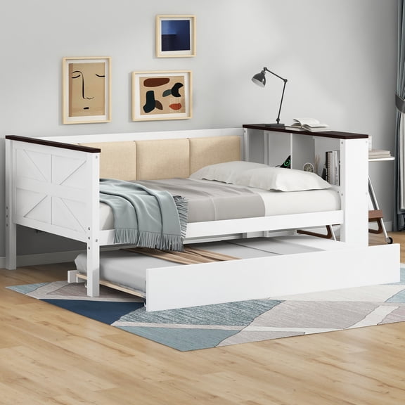 Euroco Twin Size Daybed with Storage Desk Shelves and USB Ports, Wood Bed with Trundle and Upholstered Backrest, White