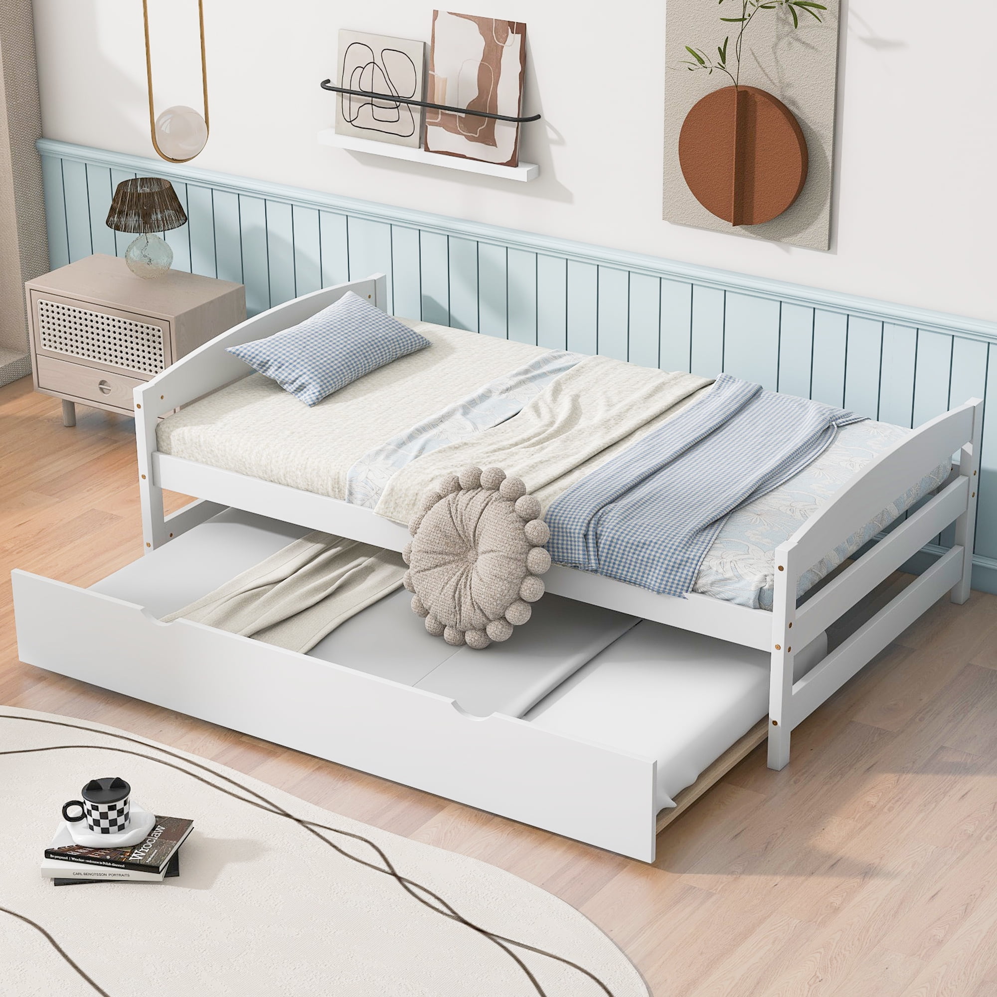Euroco Twin Size Daybed with Twin Trundle Bed, White