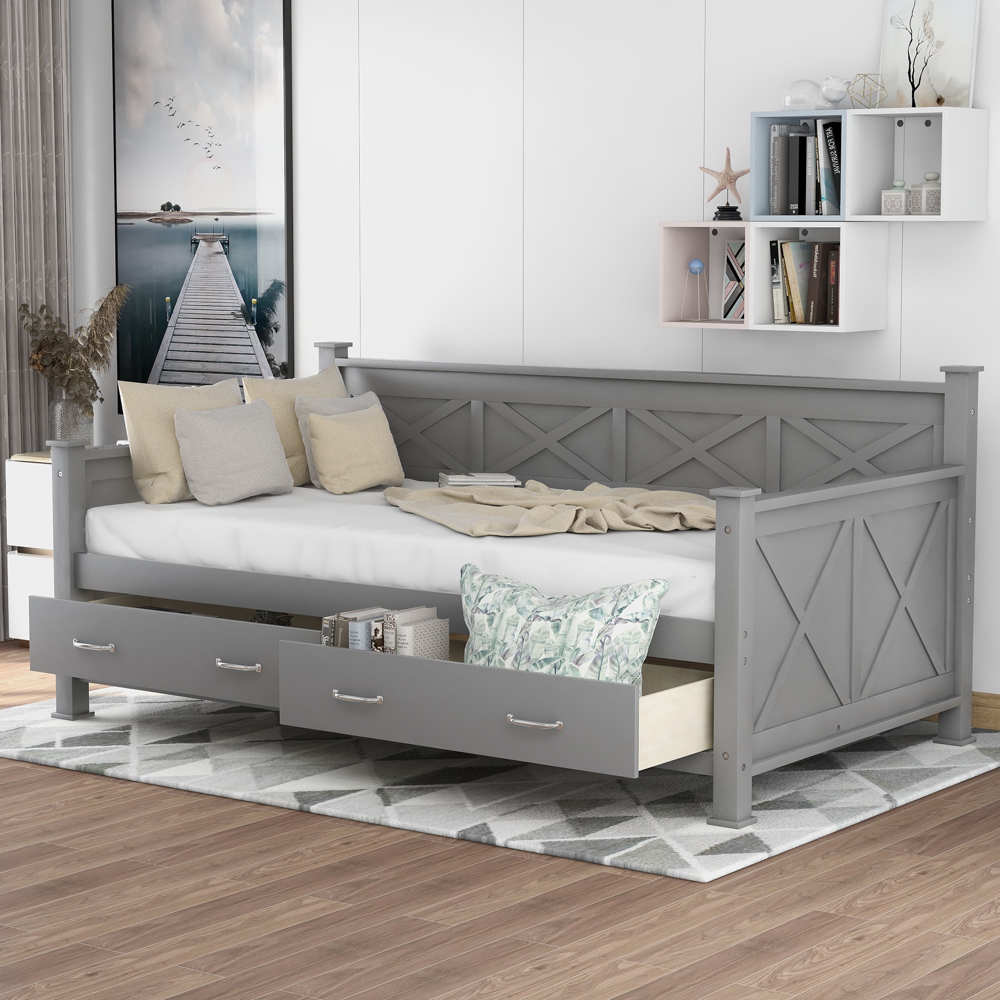 Euroco Twin Size Dayed with 2 Storage Drawers for Bedroom, Low Profile Platform Bed for Kids Teens, Gray