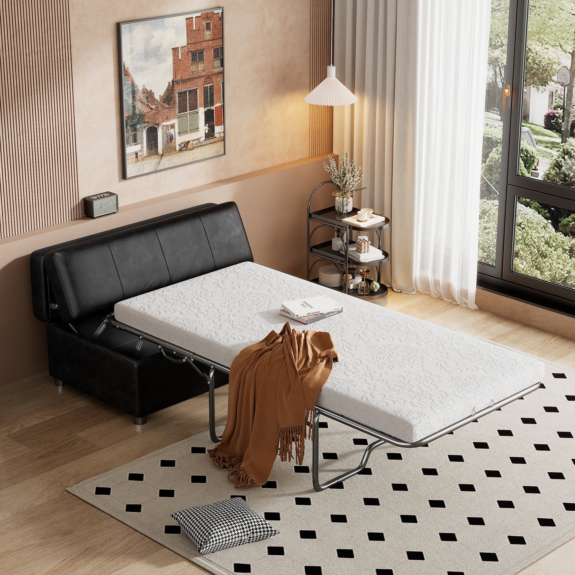 Euroco Twin Size Folding Ottoman Sleeper Bed with Mattress Convertible Guest Bed，Black