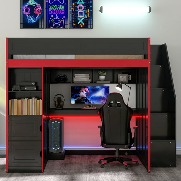 Euroco Twin Size Gaming Loft Bed with LED Light and Desk, Storage Staircase and Wardrobe, Black