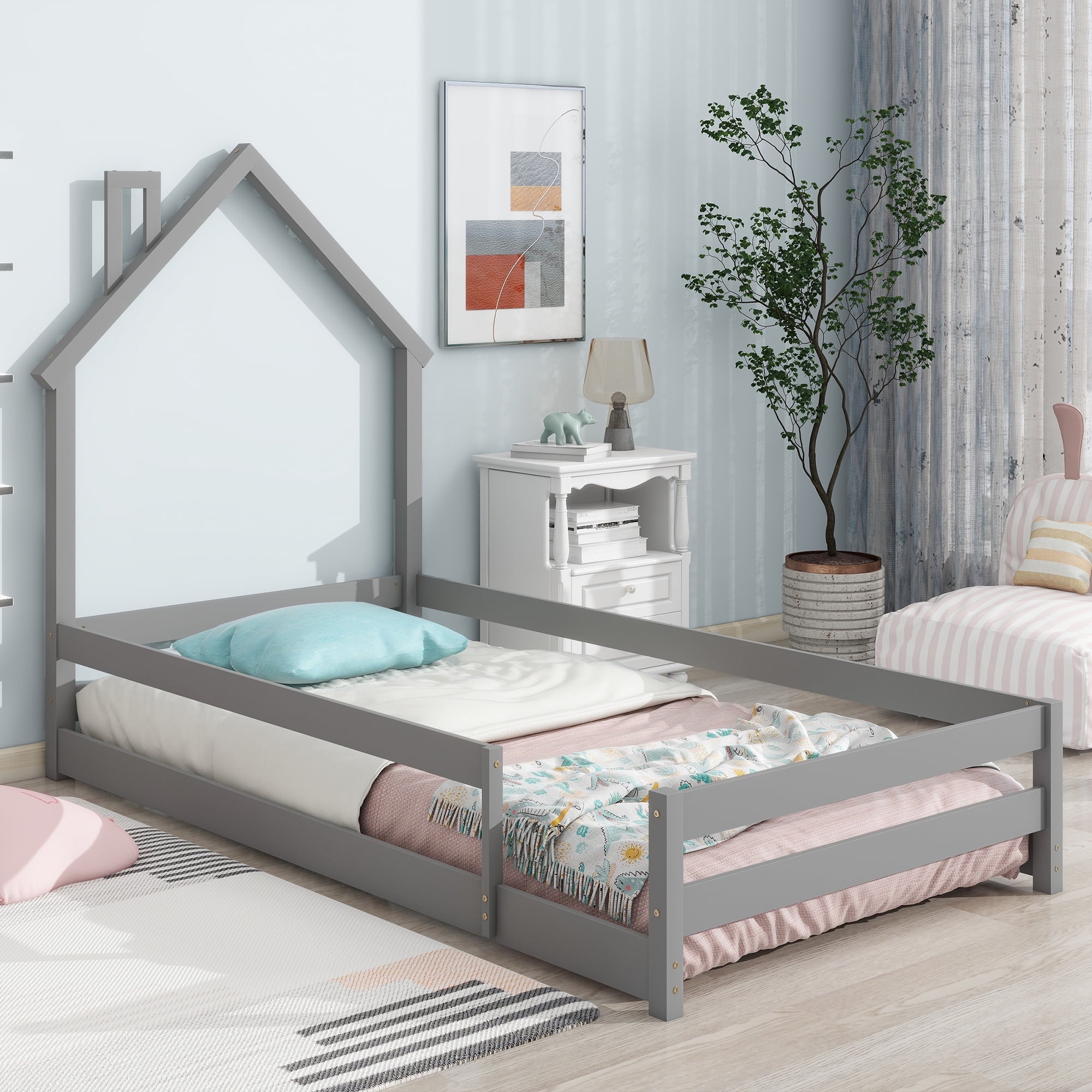 Euroco Twin Size House Bed, Low Profile Floor Bed with Chimney, Gray