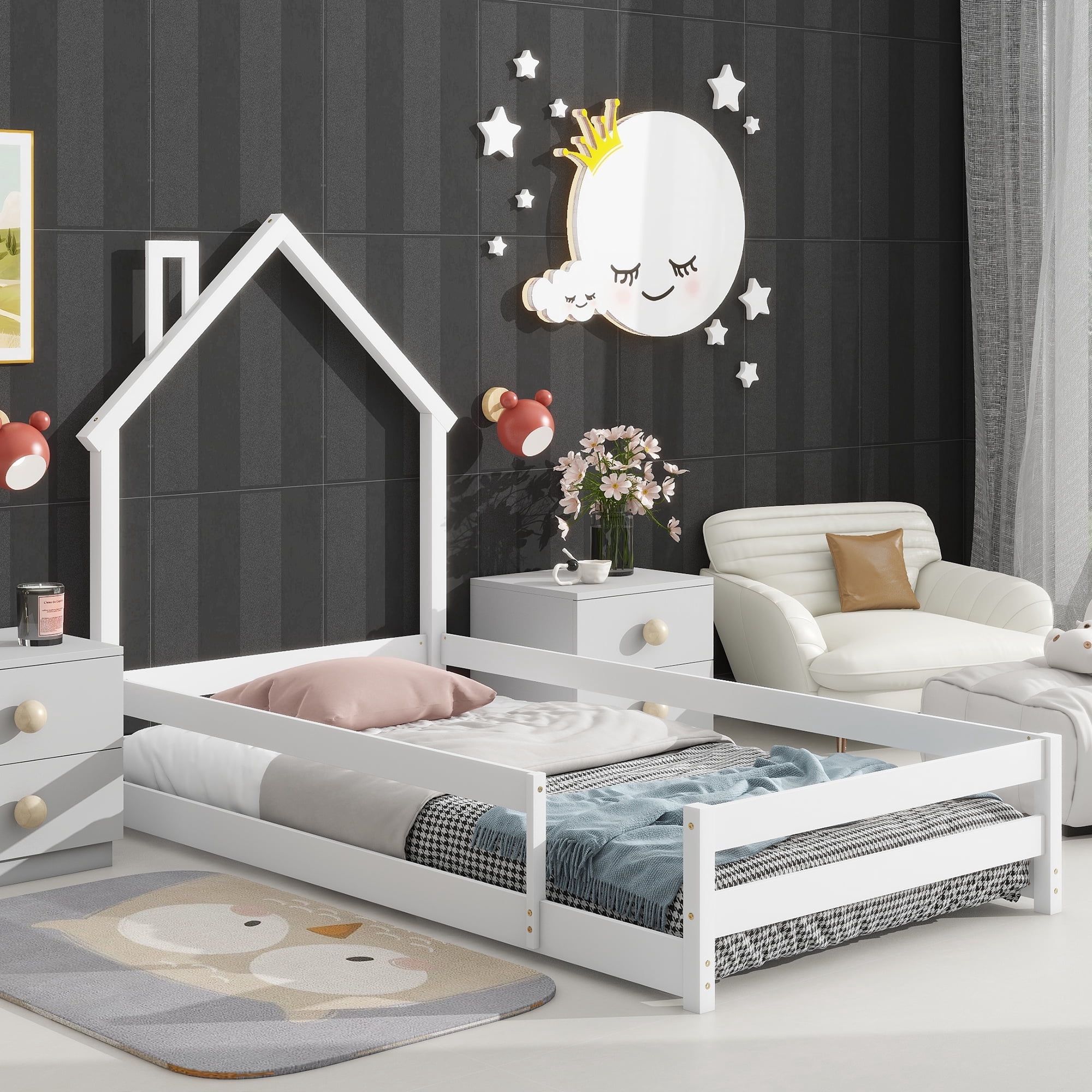 Euroco Twin Size House Bed, Low Profile Floor Bed with Chimney, White