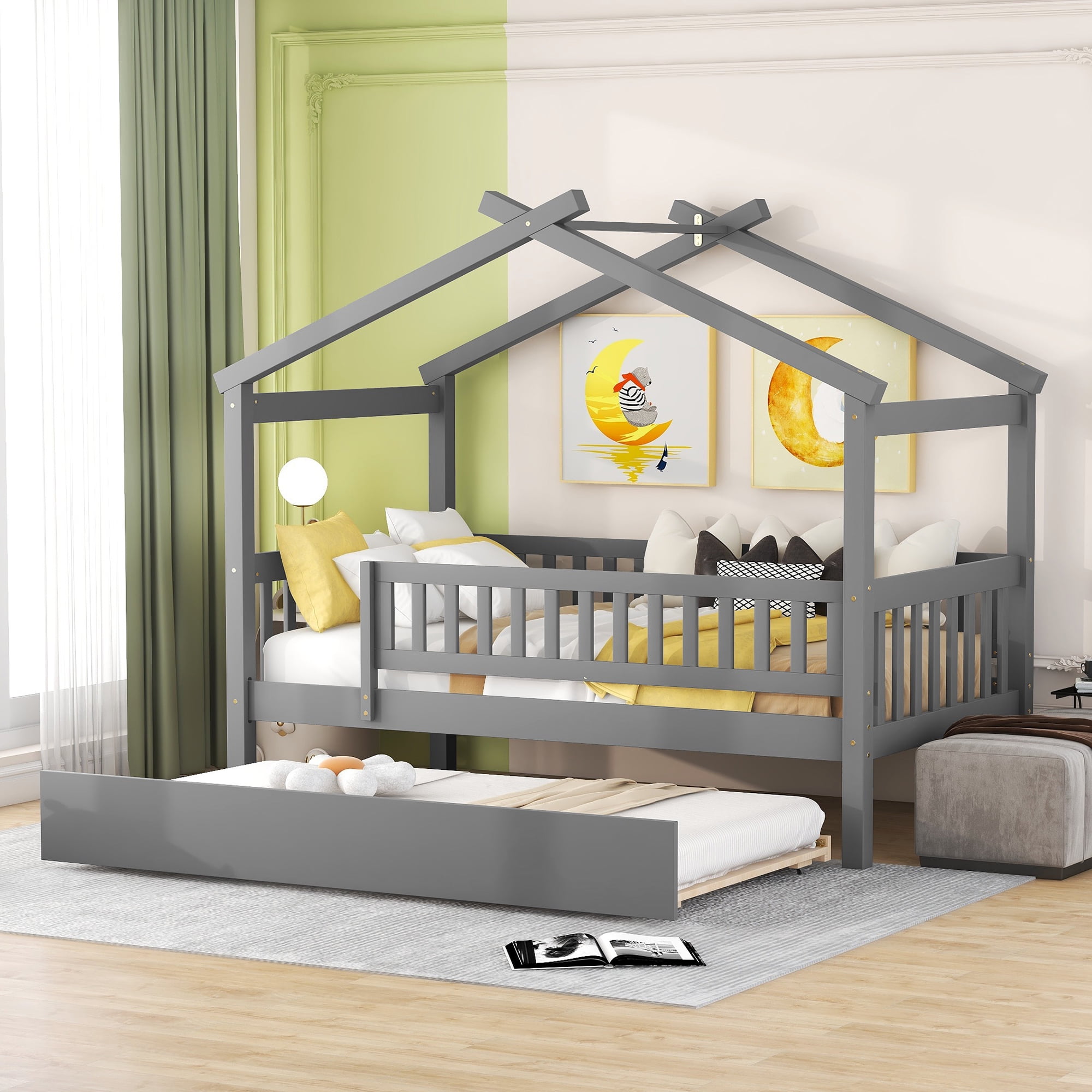 Euroco Twin Size House Bed with Trundle, Canopy Low Profile Bed for Kids, Gray