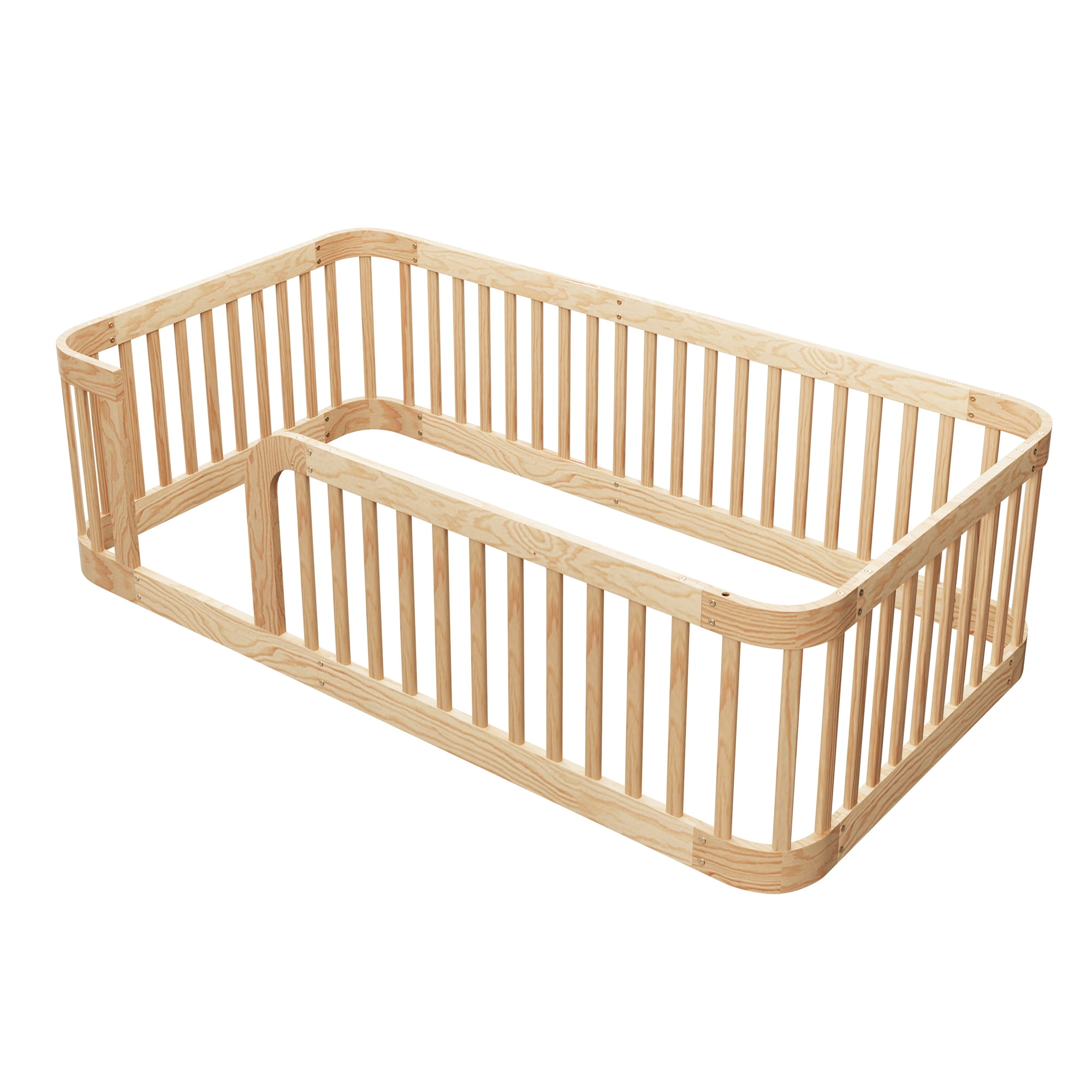 Euroco Twin Size Floor Bed with Fence for Kids and Toddlers, Natural