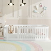 Euroco Twin Size Floor Bed with Fence for Kids Teens and Toddlers, White