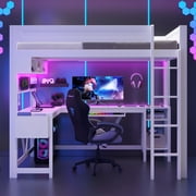 Euroco Full Size Wood Loft Bed with Desk and Shelves, Gaming Bed with LED Light and USB Charging Station, White