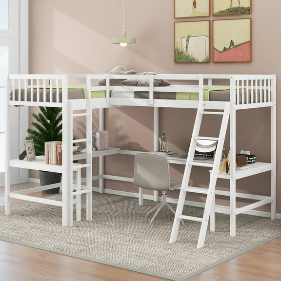 Euroco Twin Size L-Shaped Wood Loft Bed with Built-in Desk, Kids & Teens, White