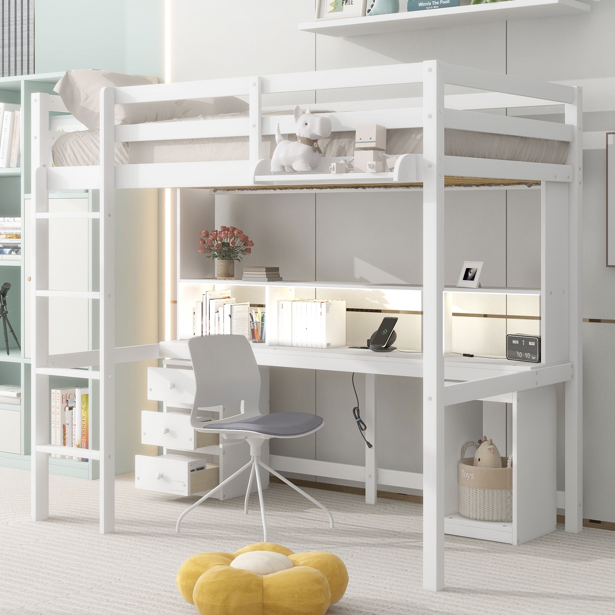 Solid Wood Bookshelf Integrated Table Kids's Study Desk Home