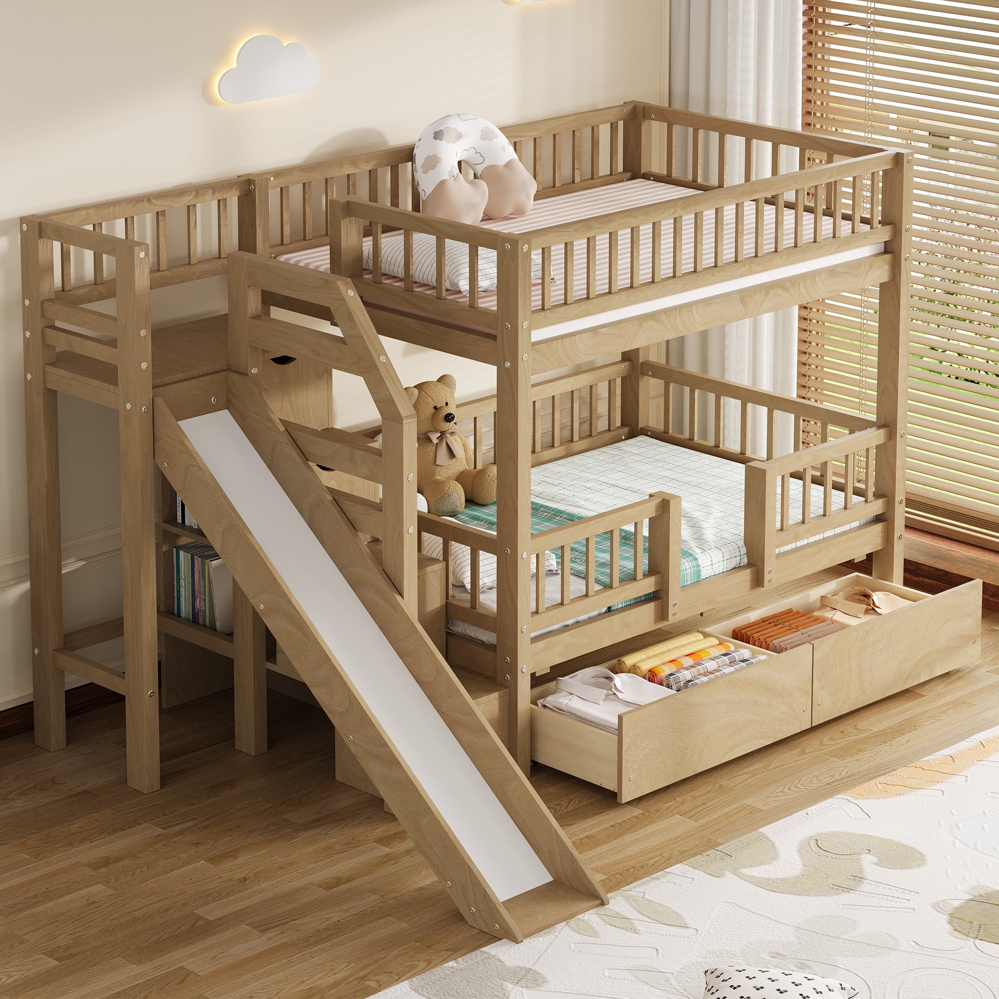 Euroco Twin over Twin Bunk Bed with Storage Staircase and Slide, Walnut