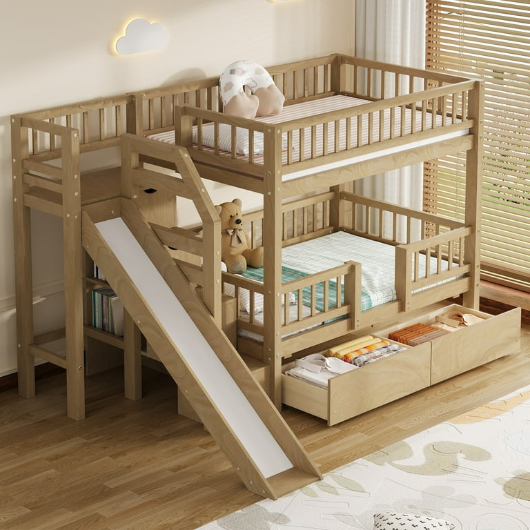 Euroco Twin over Twin Bunk Bed with Storage Staircase and Slide