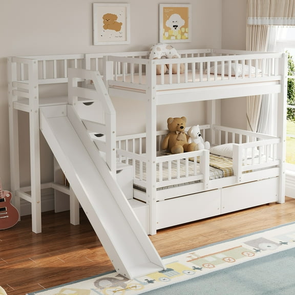 Euroco Twin over Twin Bunk Bed with Storage Staircase and Slide, White