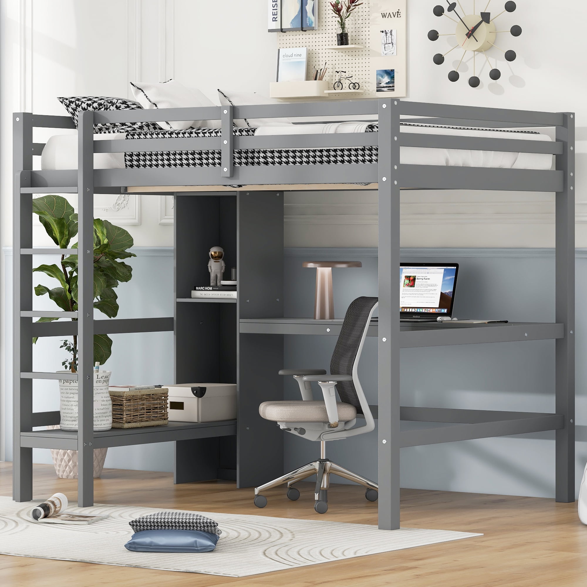 Euroco Full Size Loft Bed with Desk, Shelves and Cabinet for Kids Teens Room, Solid Wood Bed, Gray