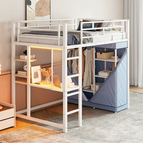 Euroco Twin Size Loft Bed with Desk and Shelves, Metal Bed with Wardrobe, LED Light and USB Charging, White