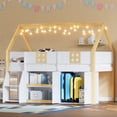 thumbnail image 1 of Euroco Twin Size Loft Bed with Shelf and Wardrobe, House Bed with LED Light and Cabinets, White, 1 of 12